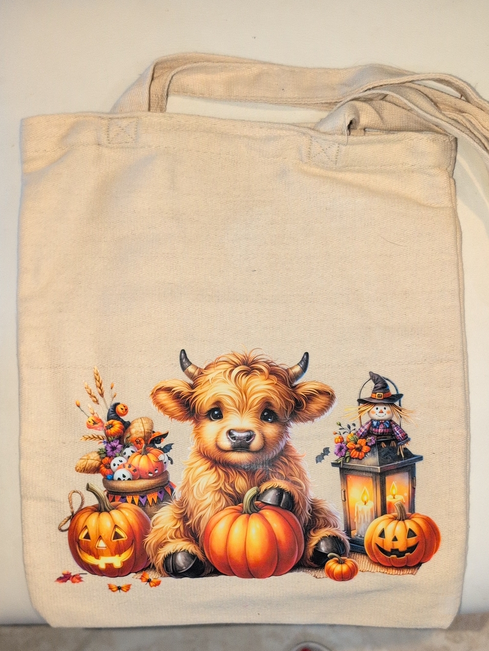 Autumn Harvest Canvas Tote Bag with Pumpkin Calf Design
